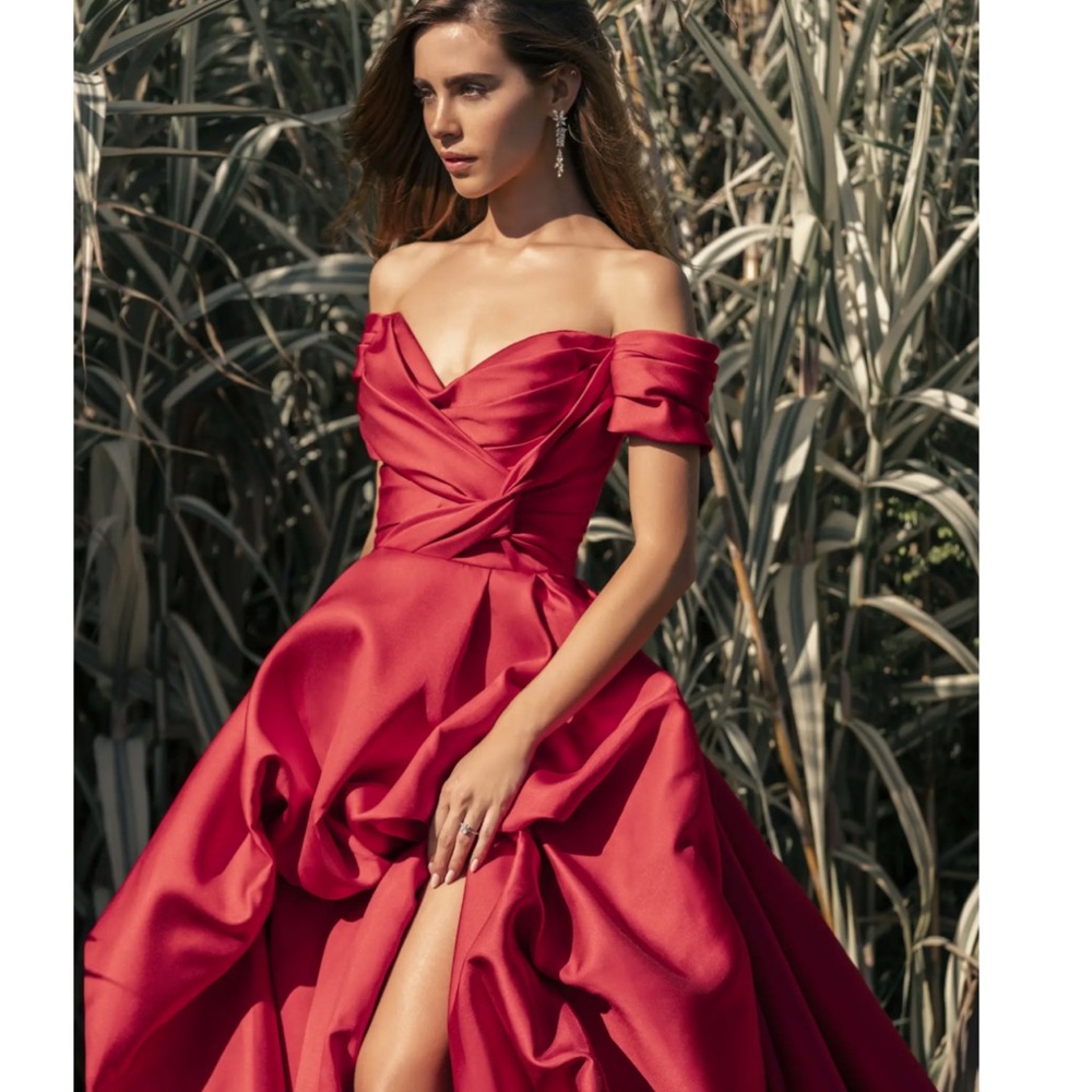 Allure Bridals Red Off-the-Shoulder Pleated Gown